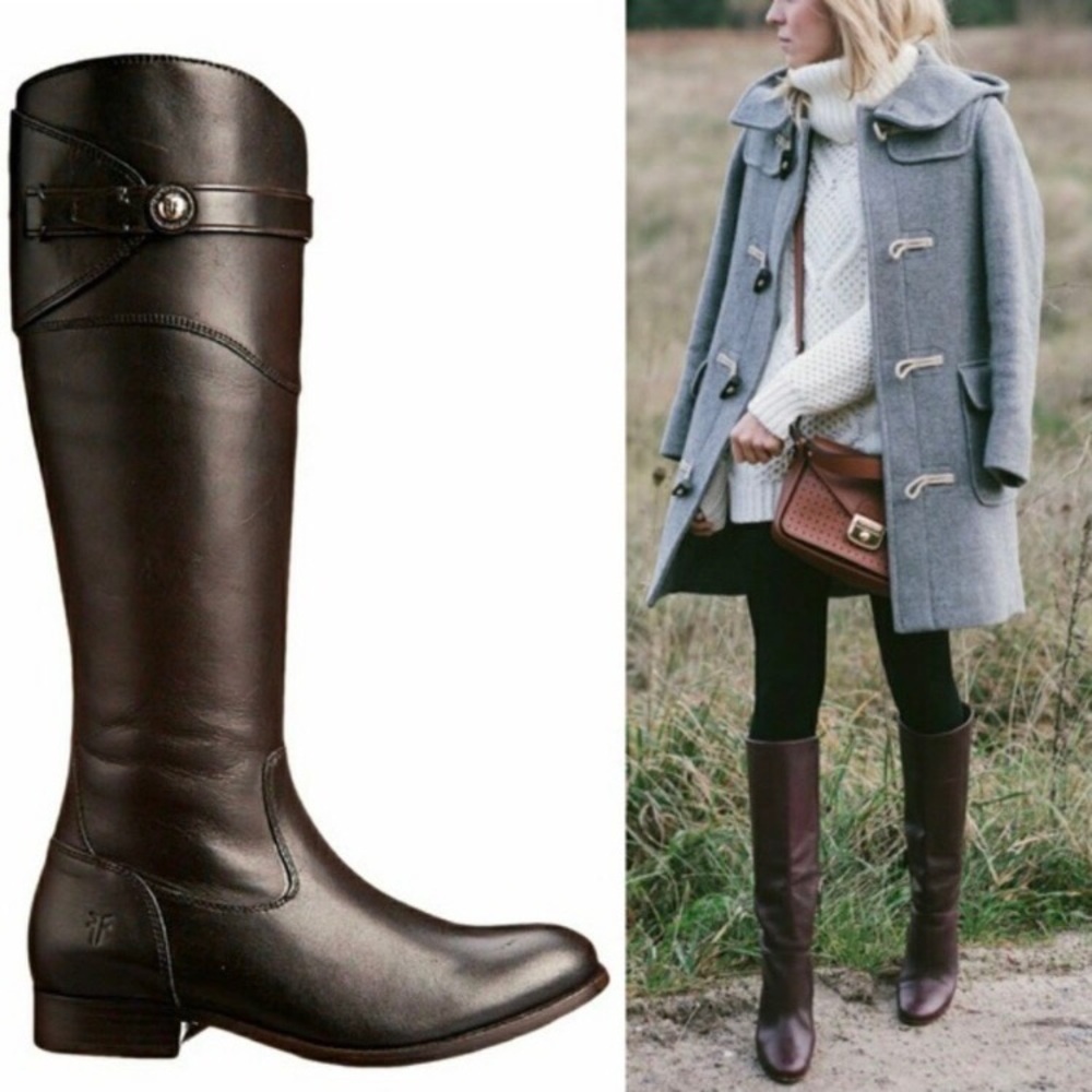 $399 Frye Molly Button Dark Brown Real Leather Knee High Tall Zip Up Riding Boot